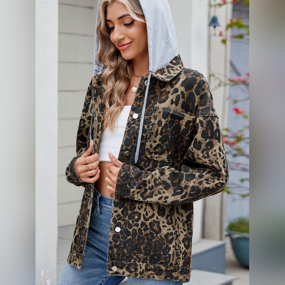 Oversized Leopard Denim Button-Up Jean Jacket Large Chest Pocket Hidden Hood
